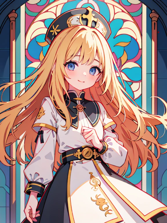 Highest quality、Ultra-high resolution、Highly detailed face、Eye highlights、A girl of about twelve, still with a touch of childishness、Long wavy blonde hair、Clergy's Vestments、Innocent expression、smile、Stained glass background