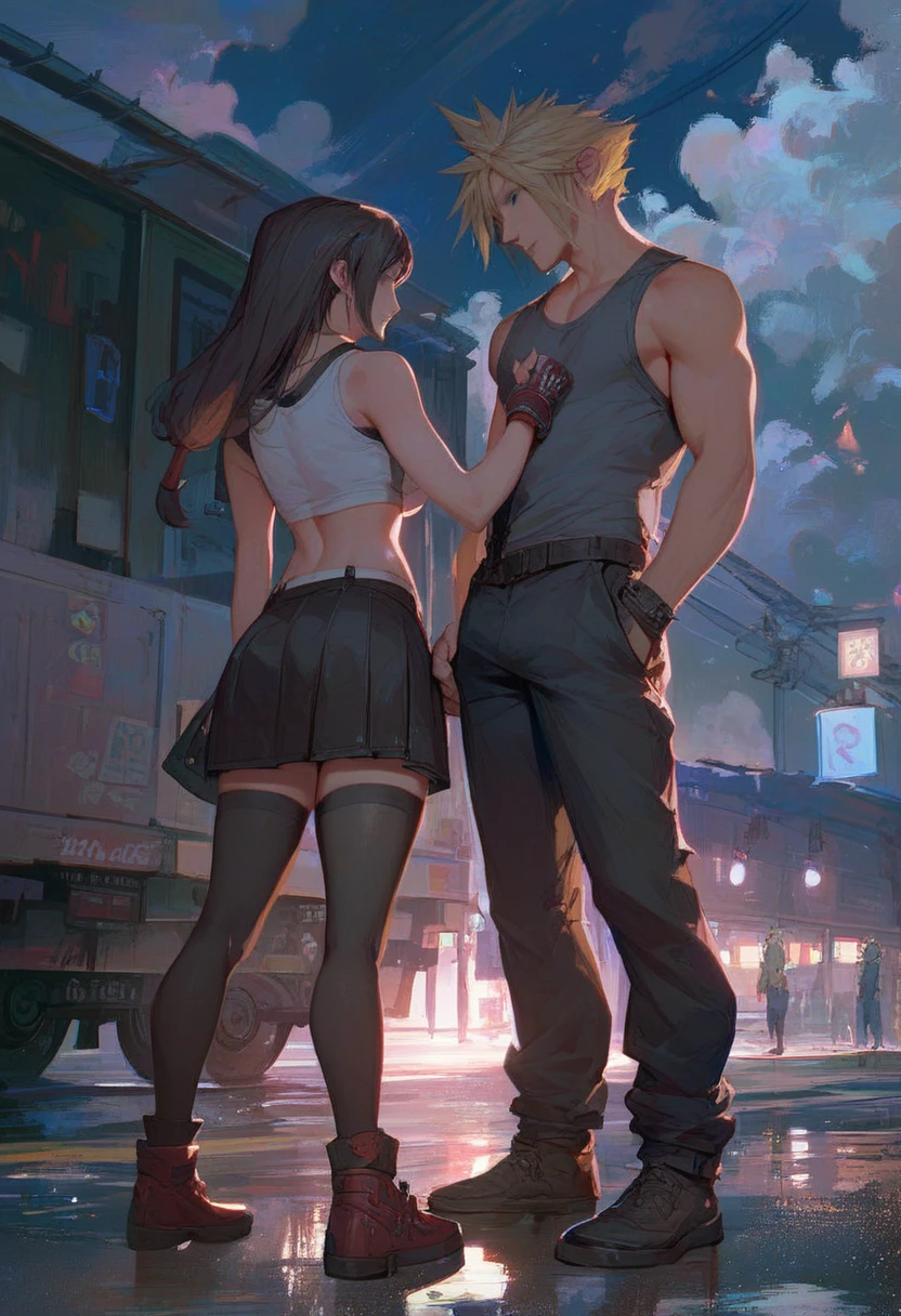 tifa white top black skirt, black tights, putting hand on cloud strife, grey shirt, facing each other, view from side, full body, midgar train station, night, cloudy