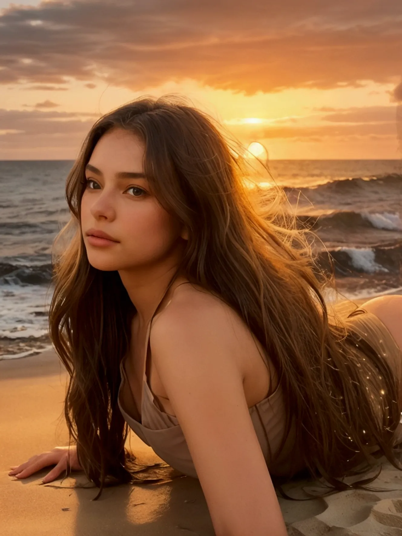 a girl lying on her side, facing the ocean, her long brown hair flowing with the breeze. she is on a golden beach during sunset,...