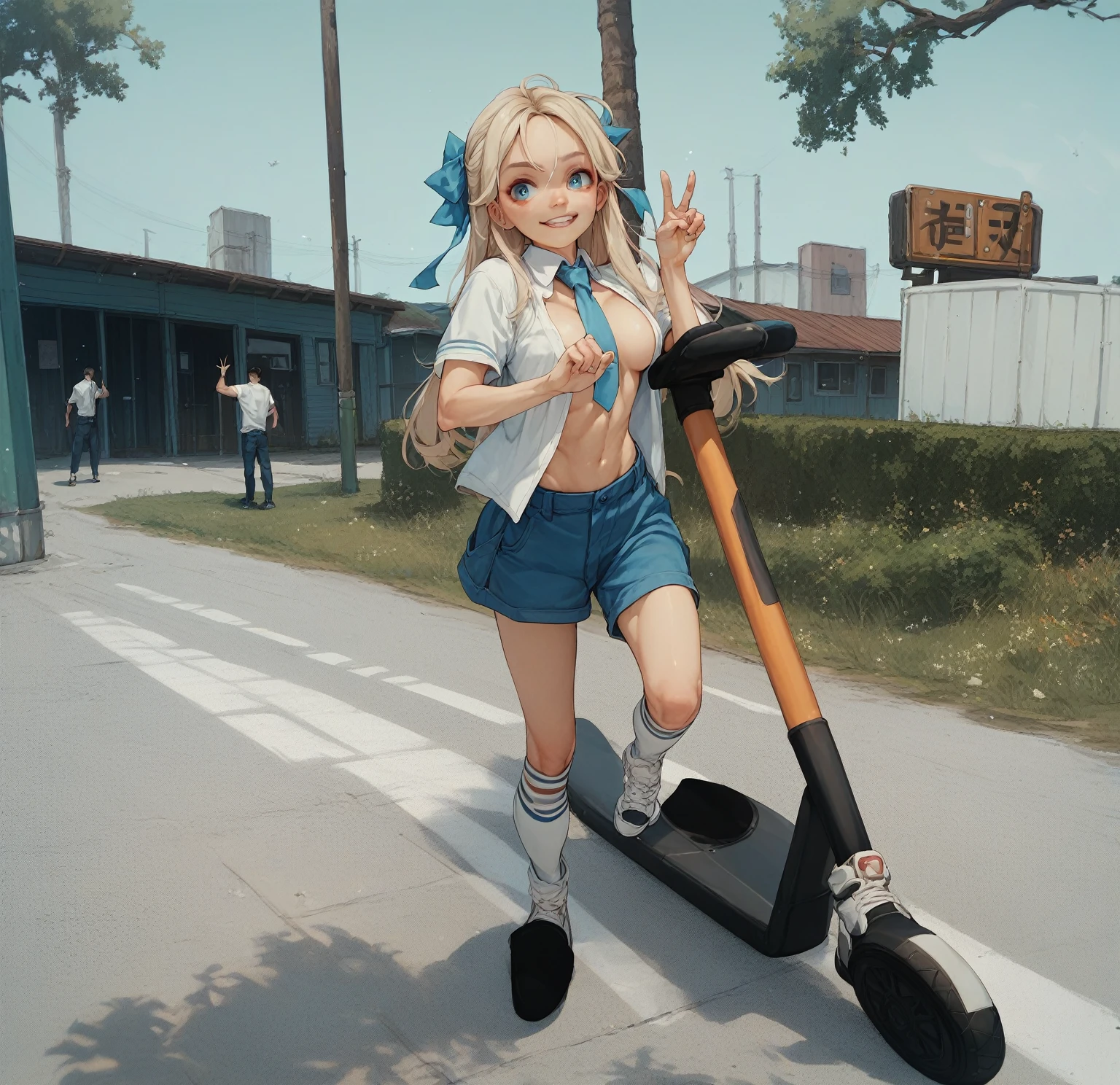 Female 1、A woman is riding a kickboard.、Making a peace sign、No bra、Blue tie、A man is wearing a white shirt with the front open