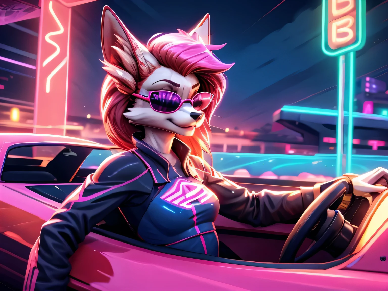 furry female anthro, fox girl, dressed, sunglasses, driving a car, neon lights, like a retro racing game, high speed, racing suit