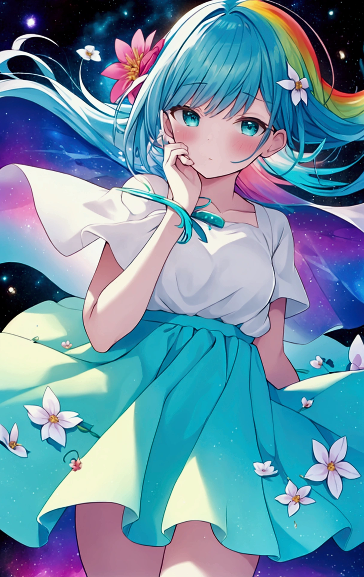 (Highest quality, masterpiece), One person, Touching your face, particle, Wind, flower, whole body, Simple Background, View your viewers, Rainbow Hair, Teal short floating dress, Cosmic, nebula, Milky Way, NSFW