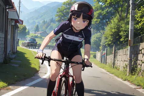 ride a bicycle, (ruri gokou), woman, alone,hime cut, mole under the eye, (helmet), cycle pro team wear, mountain course, road ra...