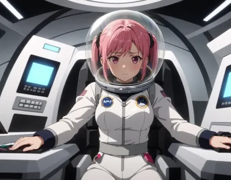 eva helm, spacesuit , astronaut), , pink hair, bubble helmet, space helmet, (1girl:1.1) wearing a (spacesuit:1.15), white cargo ...