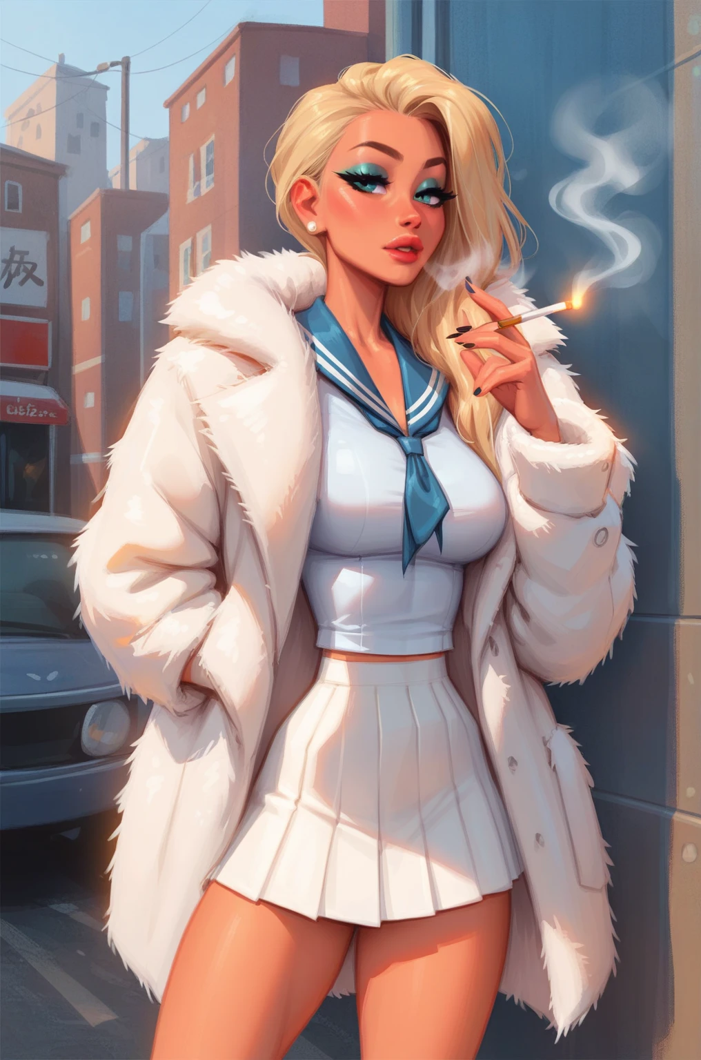 a woman in a chic fur coat, her fur coat is unbuttoned, a woman holds a mouthpiece in her hand, holds a cigarette in her hand, a white pleated skirt, a white blouse, a sailor, a blonde with bright makeup, на темном фоне