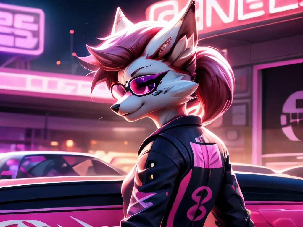 kimiko, furry female anthro, fox girl, white body fur, Pink hair, multiple tails, solo, body fur, (best quality), short ponytail, scar on the eye, detailed face, masterpiece, perfect lighting, perfect shadows, perfect hair, perfect face, dressed, sunglasses, driving a car, neon lights, like a retro racing game, high speed, racing suit