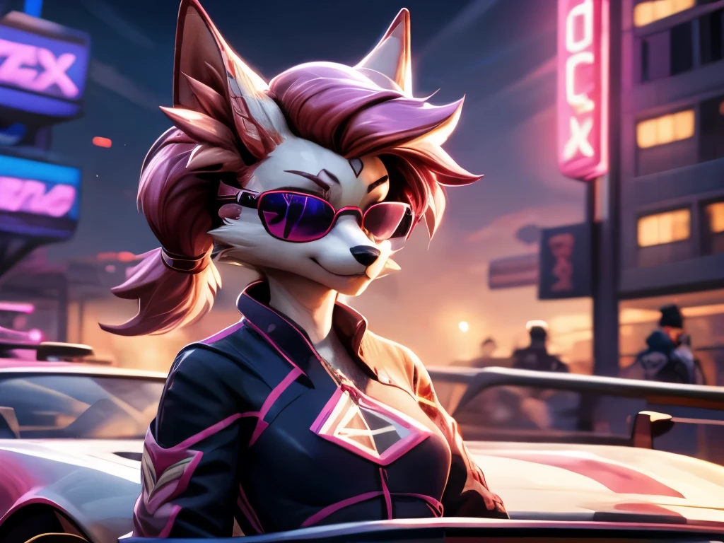 kimiko, furry female anthro, fox girl, white body fur, Pink hair, multiple tails, solo, body fur, (best quality), short ponytail, scar on the eye, detailed face, masterpiece, perfect lighting, perfect shadows, perfect hair, perfect face, dressed, sunglasses, driving a car, neon lights, like a retro racing game, high speed, racing suit