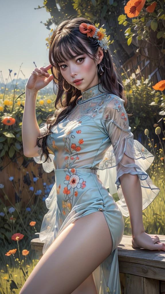 (best quality,4k,8k,highres,masterpiece:1.2),ultra-detailed,(best quality,realistic:1.2),lovely woman,field of poppy flowers,sheer see-through tight-fitting yellow floral print summer dress,sunset, large breasts,play,joy,beauty,harmony,portrait,soft lighting,vibrant colors, HDR, 8k, absurdres, cinestill 800, sharp focus, add_detail:2, Ultra HD | | | ((Fullbody-shot)) add_detail:2 (1woman, solo)