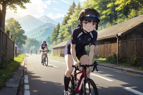 ride a bicycle, (ruri gokou), woman, alone,hime cut, mole under the eye, ((helmet)), cycle pro team wear, mountain course, road ...