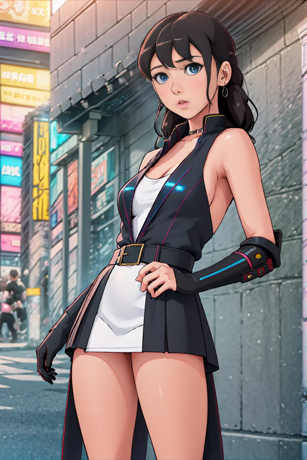 girl , blue eyes standing in front of a wall, cinematic realistic portrait,black hair, 8k portrait render, realistic face moody lighting, cyberpunk art ultrarealistic 8k, hyper-realistic cyberpunk style, soft portrait shot 8 k, 8 k realistic digital art, cyberpunk style ，shizuka, hyperrealistic, realistic digital art 4k, realistic digital art 4 k