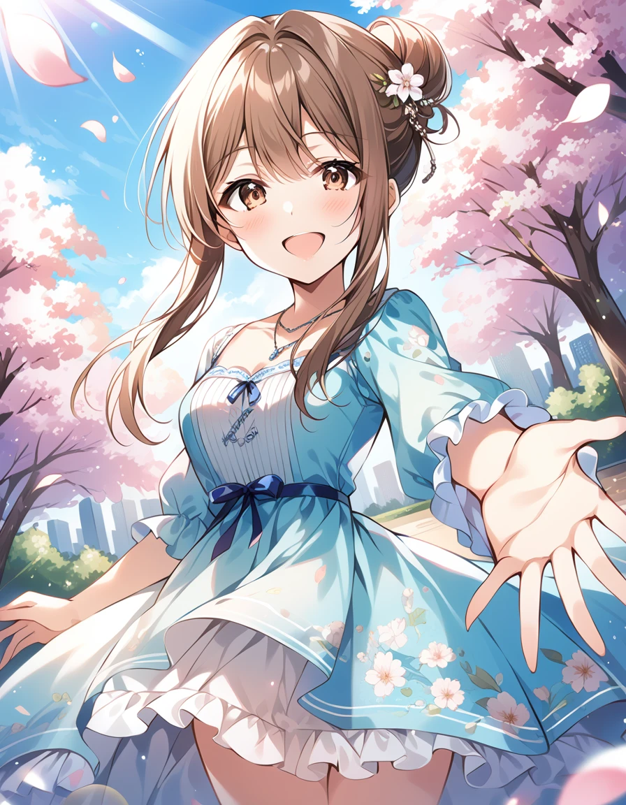 score_9, score_8_up, score_7_up, source_anime, rating_safe, BREAK tenkubashi tomoka, 1girl, brown hair, brown eyes, single hair bun, hair bun, long hair, sidelocks, necklace, floral print, print dress, blue dress, white ribbon, frilled skirt, blue skirt, puffy sleeves, frilled sleeves, frills, dutch angle, reaching towards viewer, smile, happy, light particles, light rays, falling petals, wind, cherry blossoms, park, cityscape, blue sky, cloud, sunlight, lens flare