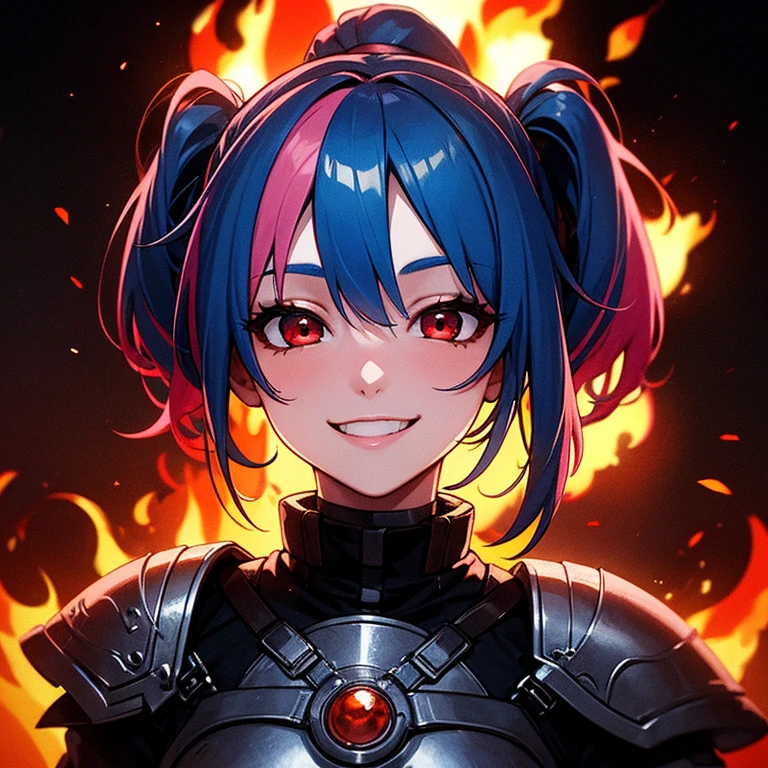 Best quality, 4K, masterpiece, extremely detailed, high detail, 1 girl, One, Perry, blue hair, hair over one eye, multicolored hair, ponytail, pink hair, Red eyes, Two-tone hair, armor, smile, Burning city background