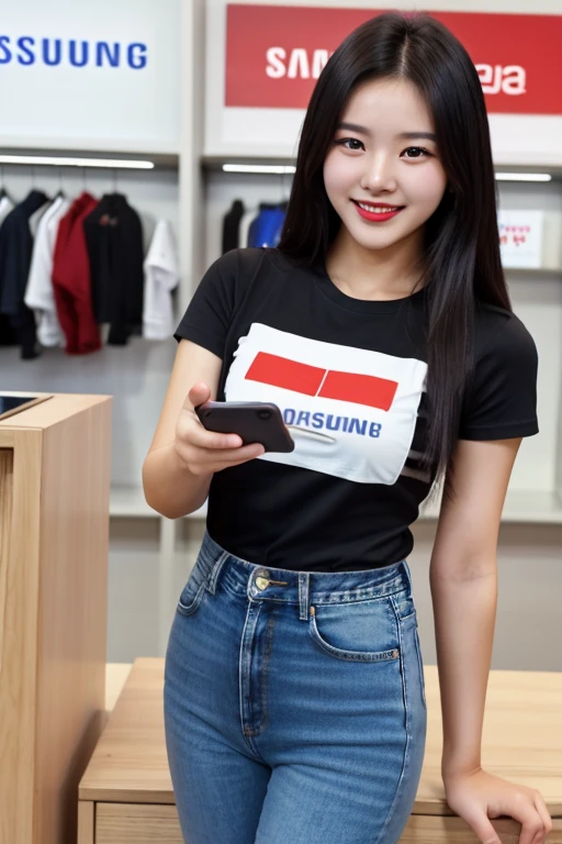 1 korean girl, 20 years old, strikingly beautiful, black hair, delicate facial features, red lips, expressive eyes, in the samsung store,employee, samsung girl, denim pants, black t-shirts, ((awe and joy expression)), kind smile, cowboy shot, holding the samsung smart phone, t-shirts logo printed 'SAMSUNG'