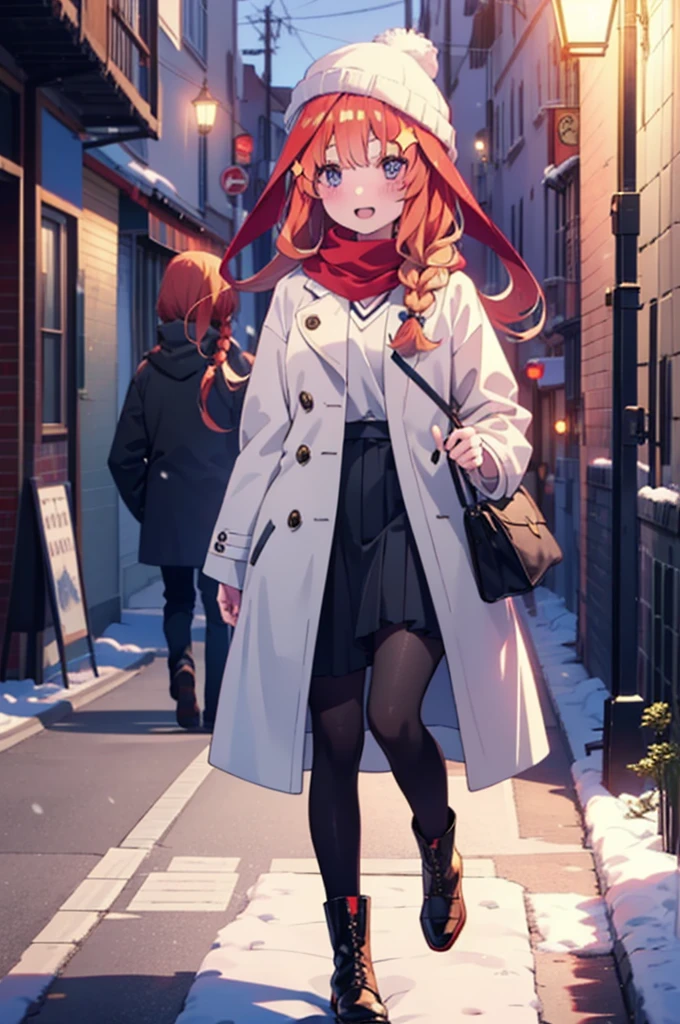 itsukinakano, Itsuki Nakano, bangs, blue eyes, Hair between the eyes, Ahoge, Redhead, star \(symbol\), hair ornaments, star hair ornaments,smile,Open your mouth,White Breath,blush,Long, thick braids,Knitted hat,White scarf,Red long coat,V-neck sweater,Black long skirt,Red pantyhose,short boots,snowが降っている,snowが積もっている,snow,snow,snow,snow,Walking,whole bodyがイラストに入るように,night,
break outdoors,Residential Street,
break looking at viewer, whole body,
break (masterpiece:1.2), Highest quality, High resolution, unity 8k wallpaper, (figure:0.8), (Beautiful attention to detail:1.6), Highly detailed face, Perfect lighting, Highly detailed CG, (Perfect hands, Perfect Anatomy),