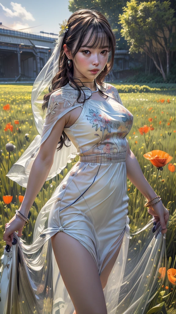 (best quality,4k,8k,highres,masterpiece:1.2),ultra-detailed,(best quality,realistic:1.2),lovely woman,field of poppy flowers,very sheer see-through tight-fitting yellow floral print summer dress,sunset, large breasts,play,joy,beauty,harmony,portrait,soft lighting,vibrant colors, HDR, 8k, absurdres, cinestill 800, sharp focus, add_detail:2, Ultra HD | | | ((Fullbody-shot)) add_detail:2 (1woman, solo)