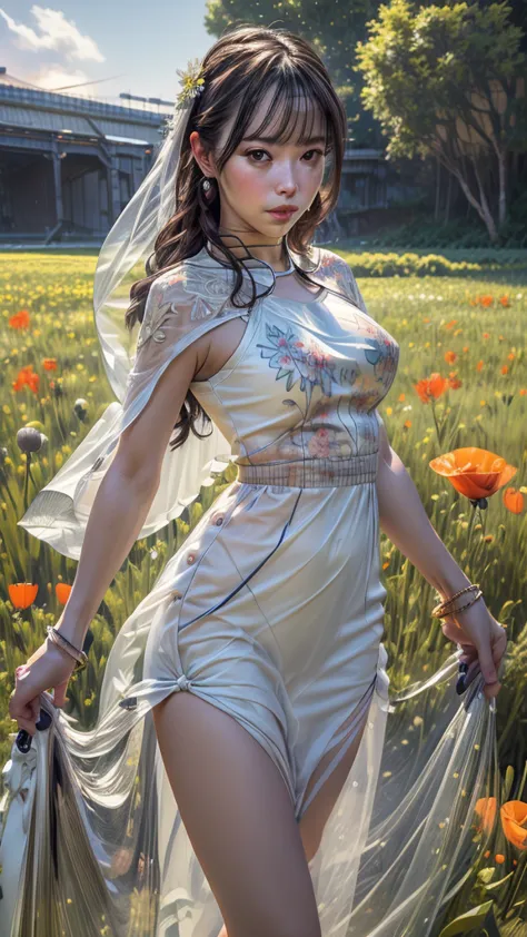 (best quality,4k,8k,highres,masterpiece:1.2),ultra-detailed,(best quality,realistic:1.2),lovely woman,field of poppy flowers,ver...