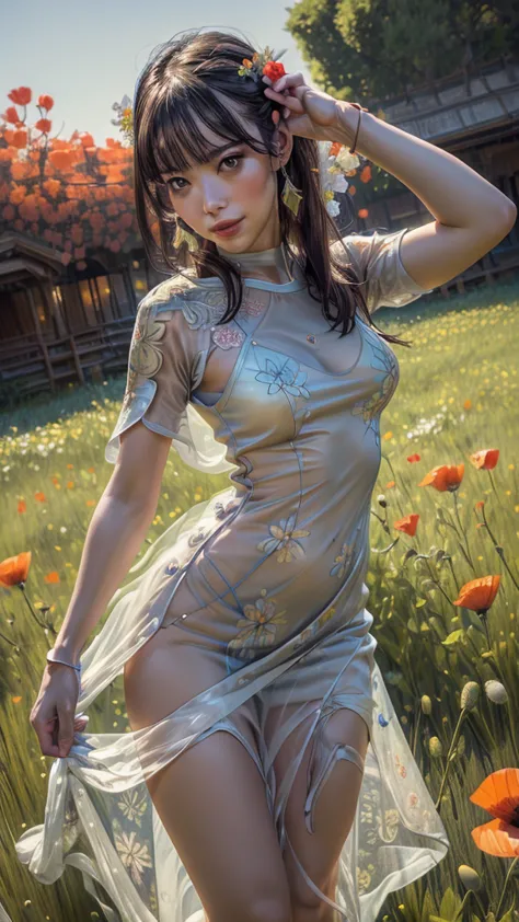 (best quality,4k,8k,highres,masterpiece:1.2),ultra-detailed,(best quality,realistic:1.2),lovely woman,field of poppy flowers,ver...