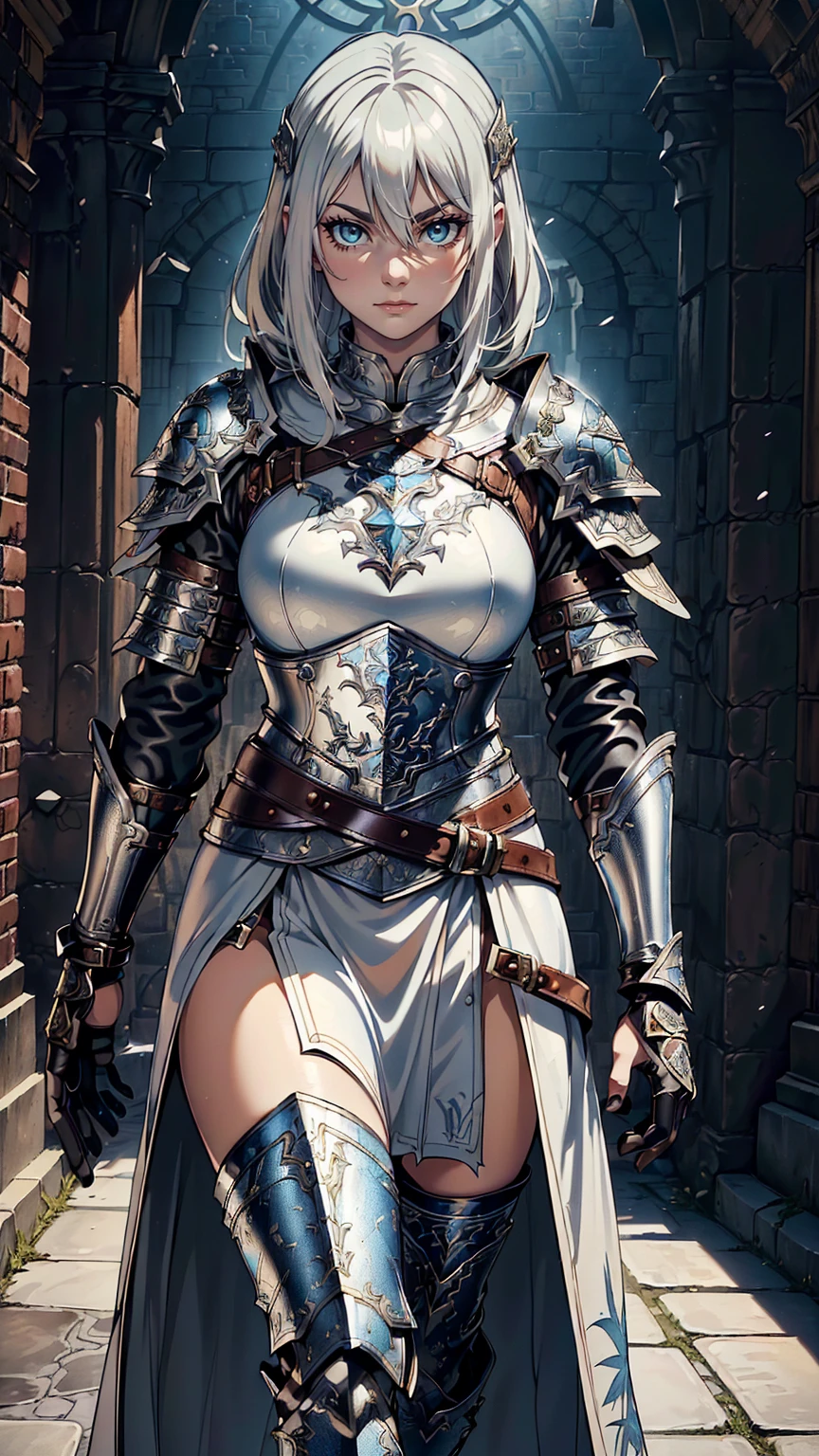 最high quality、Ultra High Definition, Ultra High Quality, Hyper Definition, Hyper Quality, Hyper Detailed, Extremely Detailed, Perfectly Detailed, Best image quality、masterpiece、anime rifle woman((40-year-old、super dynamic pose ,  Blue solid eyes, Silver Short Curve Hair, Disheveled Hair,  White Hair, Glove、Leather long Dress,  Noble Leather Armor, Lips,   Strict Expression, , charismatic, Detailed Cuirass , Wearing  Full Coverage Fantasy Leather Armor, leg armor)),high quality、Beautiful art、background((Inside the mansion))、Written boundary depth、 movie、Visual Arts、Perfect art、8K,Genuine、