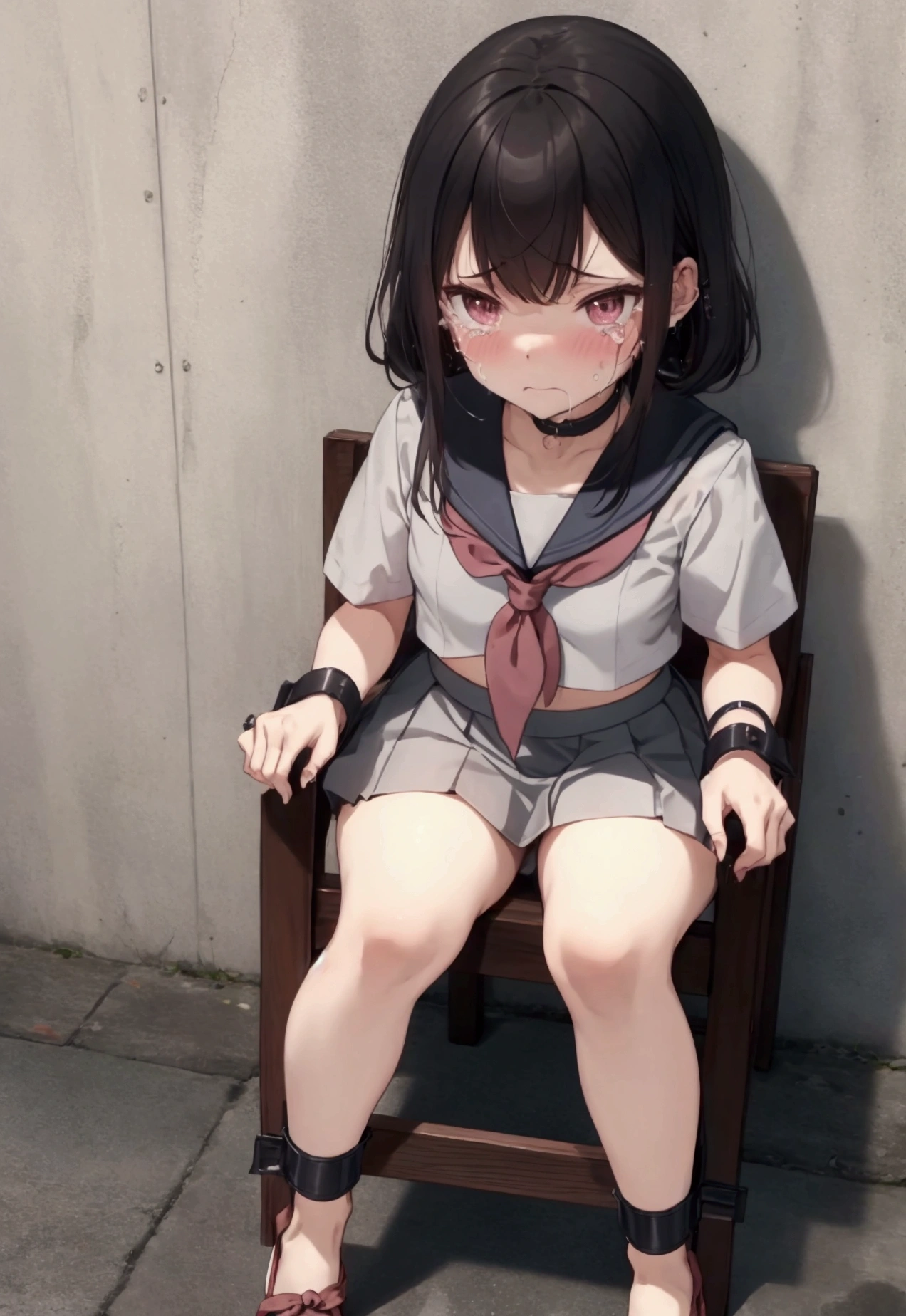 1 person, (blush, fear, Are crying), Tied to a chair, Tied to a chair, (Tight clothing, Short sleeve, mini skirt, Sailor suit), (underground室内, underground), (Wrist cuff, Ankle cuffs, Wrists tied, Ankle tied), Perfect body, Detailed face, Detailed eyes, whole body, Images taken from a distance