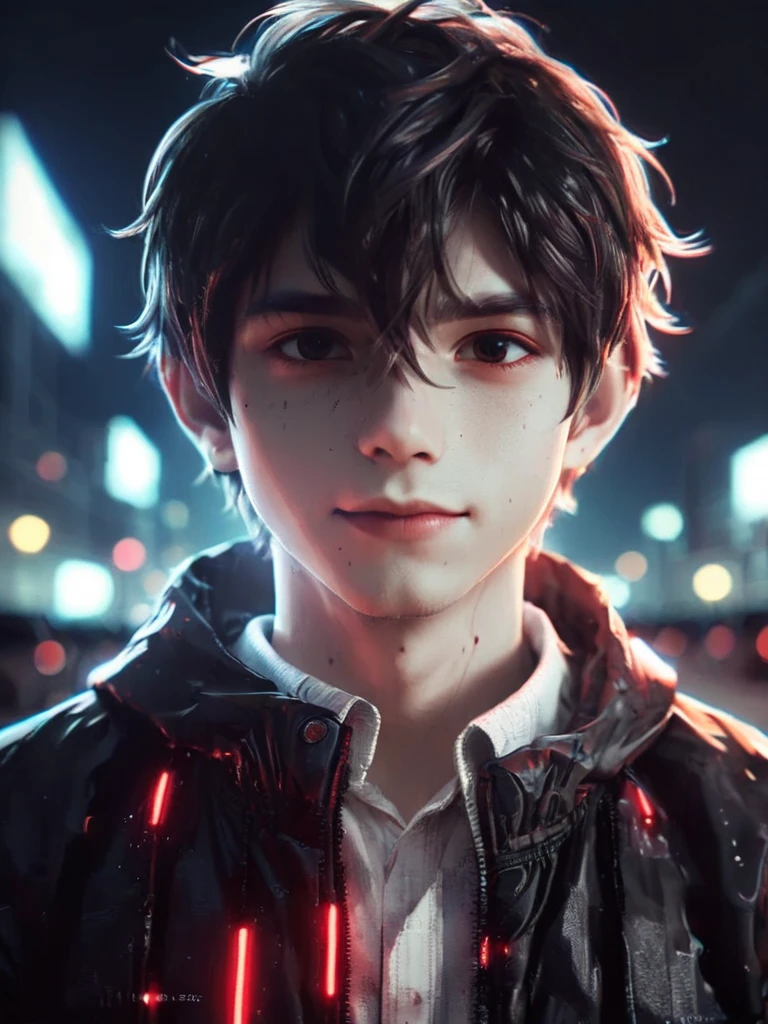 solo, looking at viewer, smile, 1boy, jacket, monochrome, male focus, parted lips, glowing, portrait, glowing eyes, spot color, high collar, glowing eye, red theme ,anime type and high details