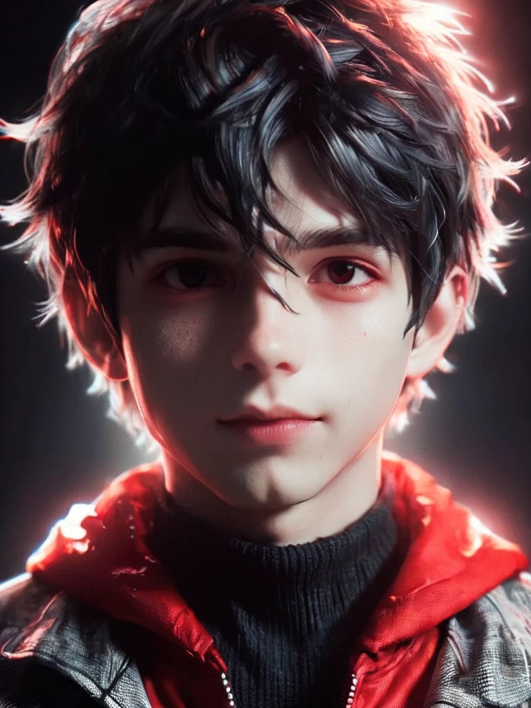 solo, looking at viewer, smile, 1boy, jacket, monochrome, male focus, parted lips, glowing, portrait, glowing eyes, spot color, high collar, glowing eye, red theme ,anime type and high details