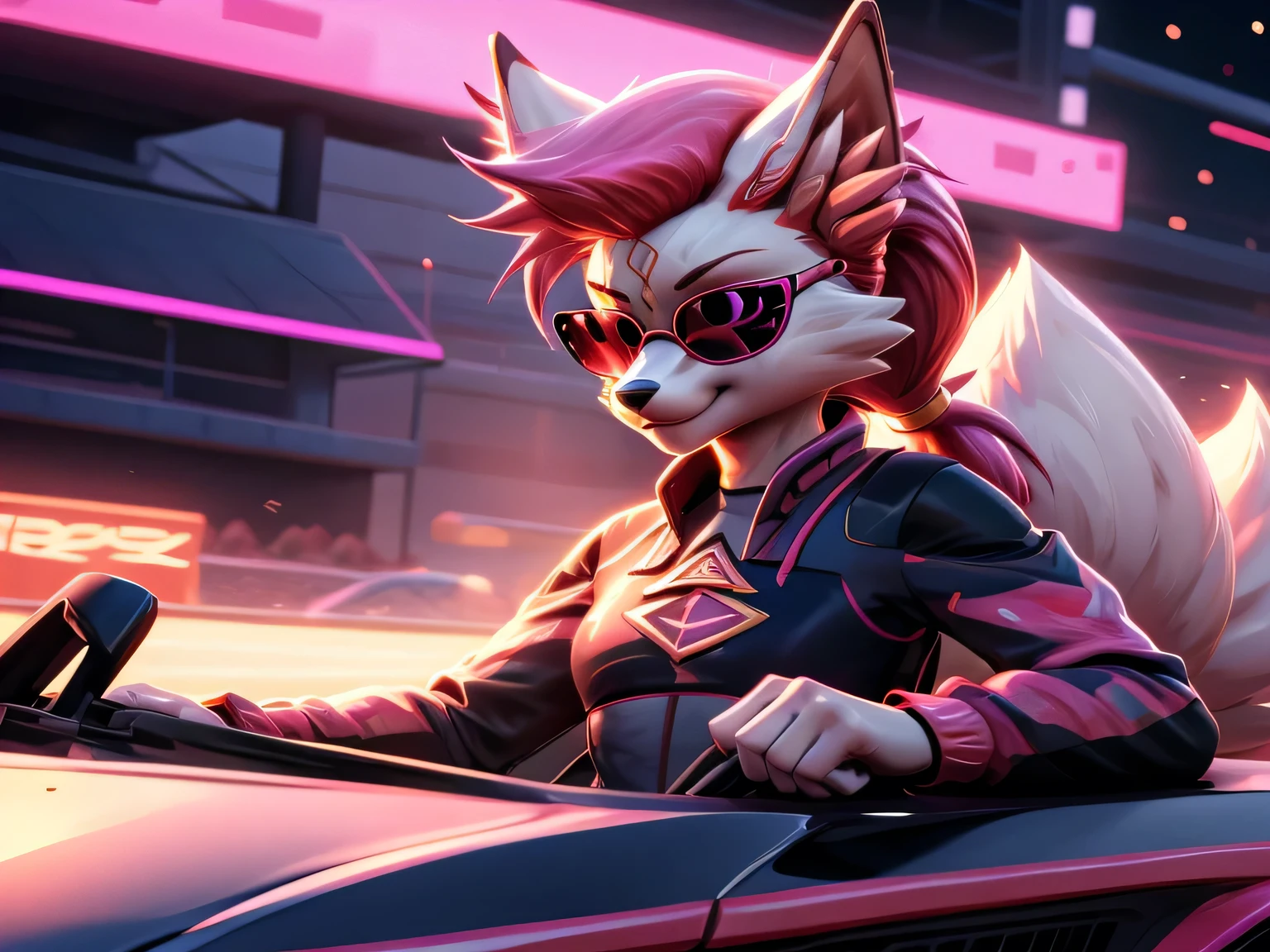 kimiko, furry female anthro, fox girl, white body fur, Pink hair, multiple tails, solo, body fur, (best quality), short ponytail, scar on the eye, detailed face, masterpiece, perfect lighting, perfect shadows, perfect hair, dressed, sunglasses, driving a car, neon lights, like a retro racing game, high speed, racing suit