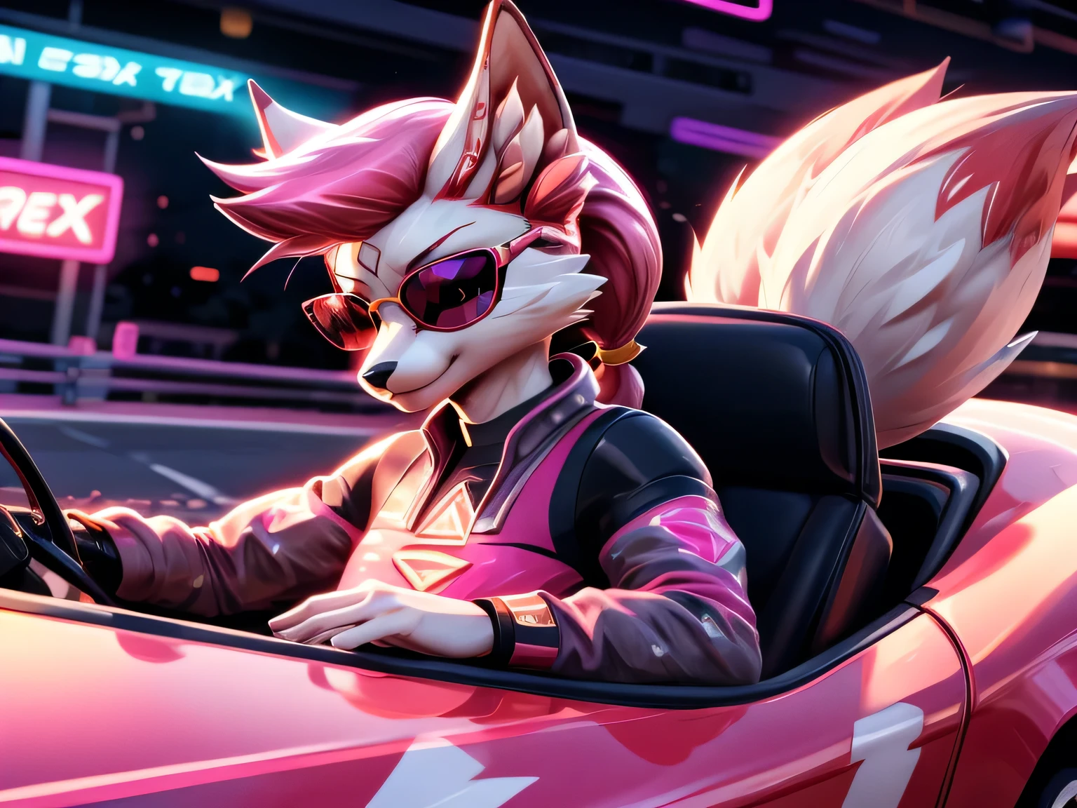 kimiko, furry female anthro, fox girl, white body fur, Pink hair, multiple tails, solo, body fur, (best quality), short ponytail, scar on the eye, detailed face, masterpiece, perfect lighting, perfect shadows, perfect hair, dressed, sunglasses, driving a car, neon lights, like a retro racing game, high speed, racing suit