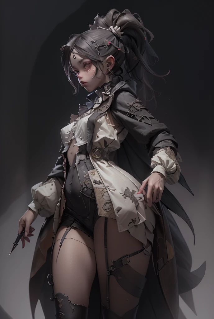 (((masterpiece, of the highest quality, super detailed))), hand drawn style, hand painted style, watercolour, sketch, a knight, white background, plain background, Bloodborne inspired, tatty Bloodborne attire, occult aesthetic, occult, tatty red and white clothing detailed and intricate steampunk and detailed gothic lolita (with a hood), long coat, very thin long legs, Complex laced boots, Fluttering lace flared long knee length dress with frilly petticoats, long dress, knee length dress, petticoats gothic lolita, beautiful small breasts, (((( Highly detailed face))), small thin nose, Small thin lips mouth, (((Very sharp focused eyes))), Very large slit precision pale grey eyes that shine like jewels. ((dark hair)), ((long ponytail, thick ponytail, heavy ponytail)), very long eyelashes, white background, Very dramatic and cinematic lighting, tatty damaged old red and white clothing, full body, whole body, body, cosmic horror, grim dark