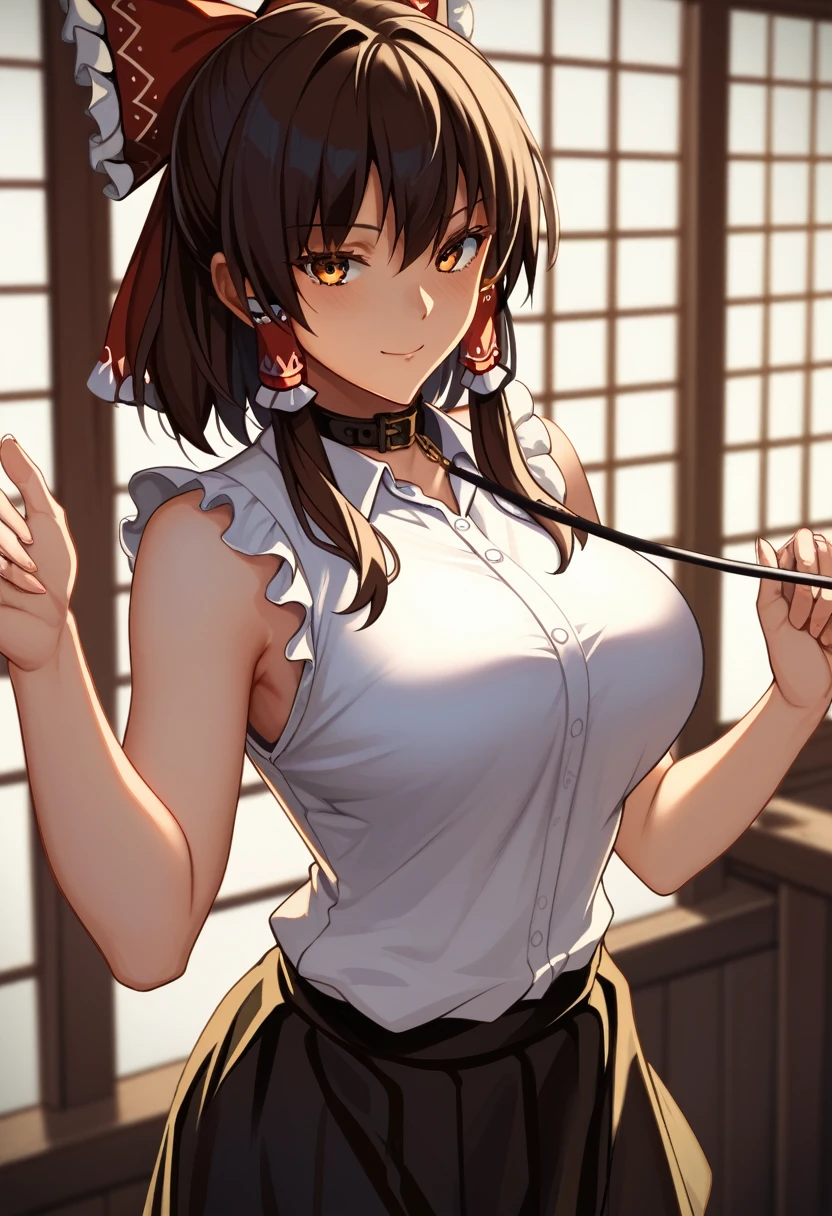 masterpiece, Highest quality, 1 person,(Are standing, View your viewers,),Detailed Background、A person who writes in detail、Accurate human body、Knowledgeable person、Accurate 5 fingers,Mature Woman,Thighsが太い,curvy body、Thighs、alone,(middle breasts),Hakurei Reimu,sleeveless,bare arm,slave collar,collared shirt, white shirt, black bow, black skirt, frilled skirt,sleeveless,bare arm