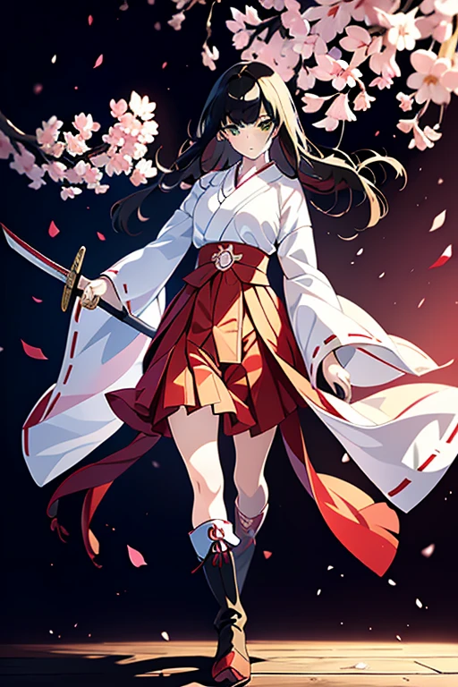 anime girl in miko outfit with medium length black hair, ((miko outfit)), green eyes, long boots, holding a wooden sword, standing full body, blushing expression, highly detailed, extremely sharp focus, masterpiece, 8k, photorealistic, professional illustration, ultra-fine detail, vivid colors, dramatic lighting, intricate fabric textures, clean background