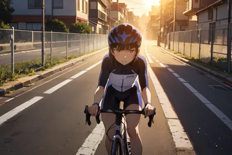 ride a bicycle, (ruri gokou), woman, alone,hime cut, mole under the eye, ((aero cycling helmets)), cycle pro team wear, sunset, ...