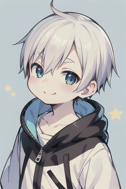 Highest quality, (high quality),eye highlights,arms are thin, thin body,face,from front,(portrait),look at viewer,droopy eyes,very happy smile,Pouting mouth,open your mouth and laugh,(((chilled boy))), (1 boy),(white hair),((short hair)),parka,star background ,illustration,anime style, 