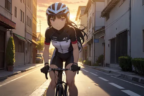 ride a bicycle, (ruri gokou), woman, alone,hime cut, mole under the eye, ((aero cycling helmets)), cycle pro team wear, sunset, ...