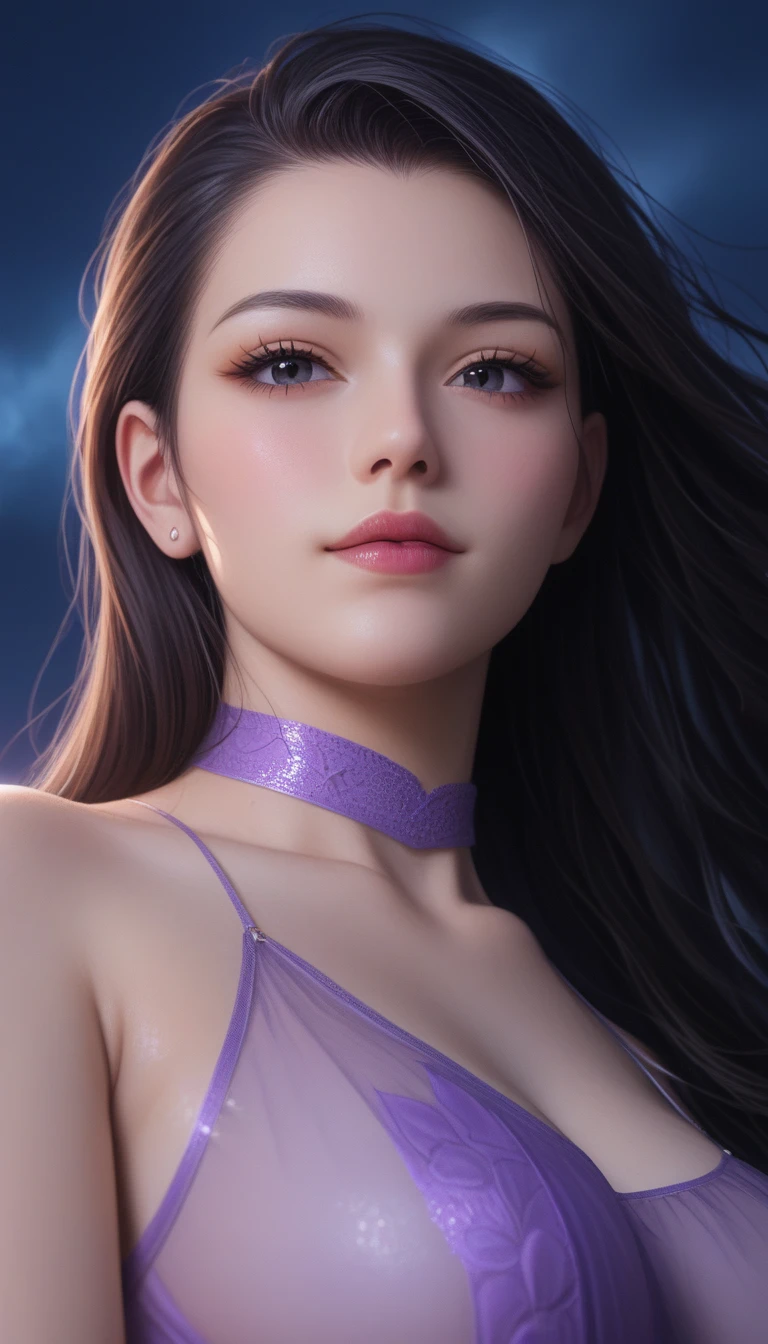 score_9, score_8_superior, score_7_superior, High-resolution CG illustration,A masterpiece in 32K resolution,Highest quality,it is really amazing,Very detailed,Ultra-high resolution,Ultra-realistic,Realistic,Increased depth of field,Cinematic lighting,
Sexy mature Japan woman,
Glossy black hair,Straight Long Hair,Showing his forehead,god々Beautiful,Ultra-detailed and beautiful face,Sensual look,Beautiful dark brown, moist eyes,Pitch black eyes,Glowing, moisturized skin,Translucent white skin,born々New skin texture,Great proportions,
Sexy summer resort slit dress,
Bold design,Detailed race decorations,A chic color scheme with a soft purple base,詳細なborn地の質感,
A dark and blurry night background,Dark overcast sky on a dull night,Dark clouds filling the sky,Thundercloud,Coastline at night,Stormy seas,delay々A desolate sandy beach that continues,
Cinematic,Low - Angle,