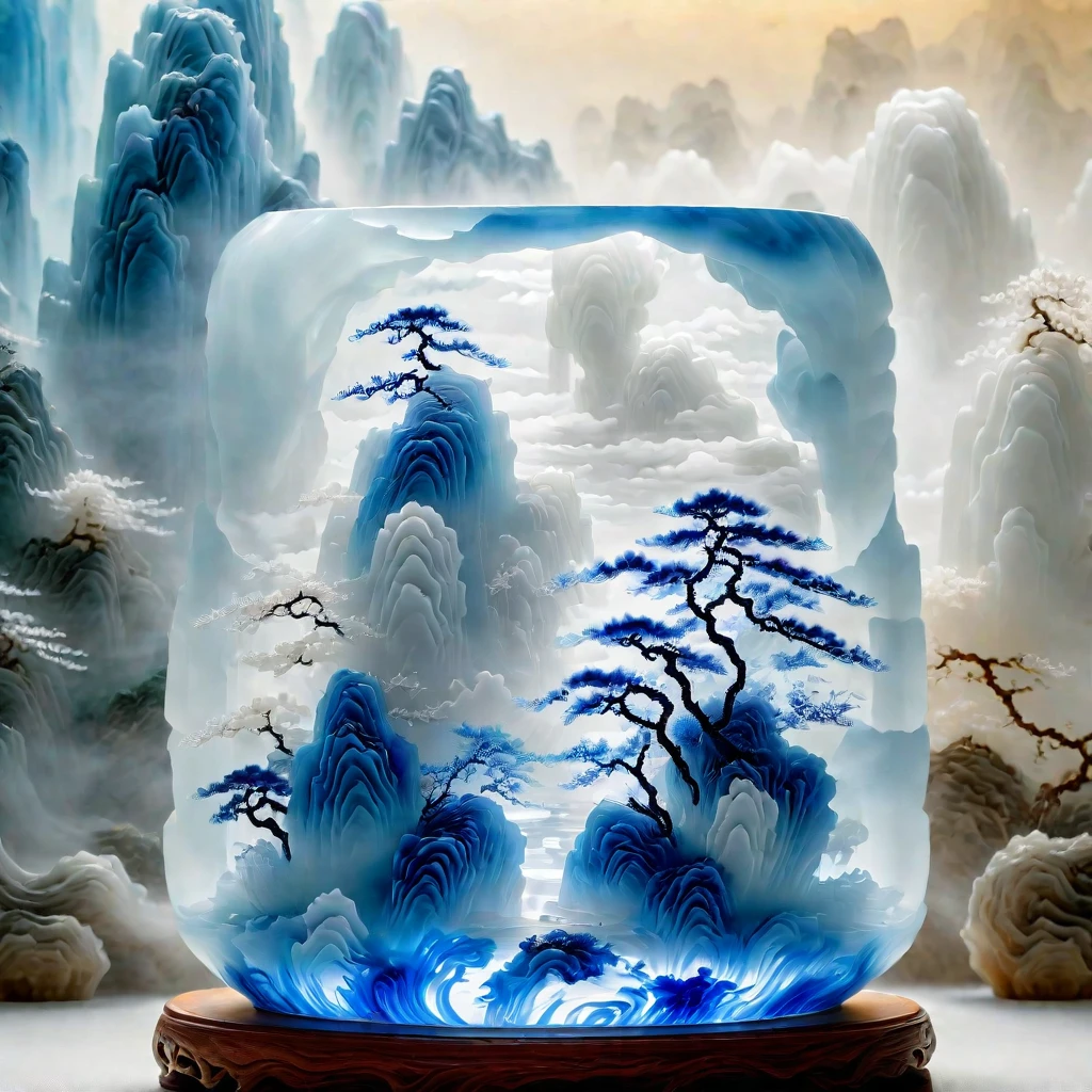 Micro landscape pattern carved on blue and white porcelain vase，Translucent glass material,Blue-white gradient,Traditional Chinese landscape painting,Abstract shapes,Minimalism,cave，3d。water vapor，White mist，Thick fog，