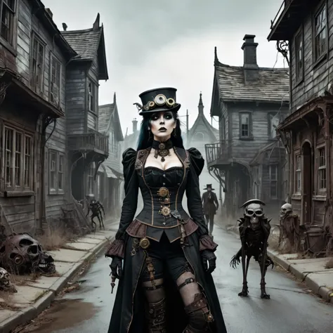 an undead woman in a steampunk uniform searches a street of a semi-abandoned gothic village, next to her some grotesque and surr...