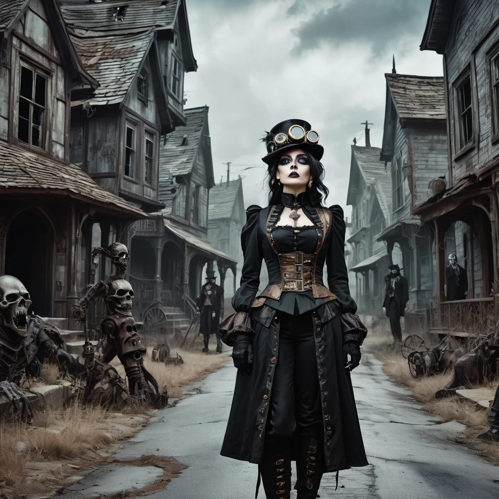 
an undead woman in a steampunk uniform searches a street of a semi-abandoned gothic village, next to her some grotesque and surreal undead characters