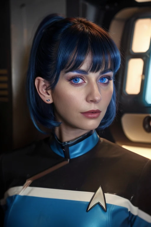 Caucasian Vulcan woman wearing blue sttldunf uniform,veins,borg,eyepatch,cable,luma,rosalina,detailed face,long haie with cut bangs,pointed ears detailed eyes,detailed lips,metal texture,sci-fi,glowing lights
jamesdaly artstyle,