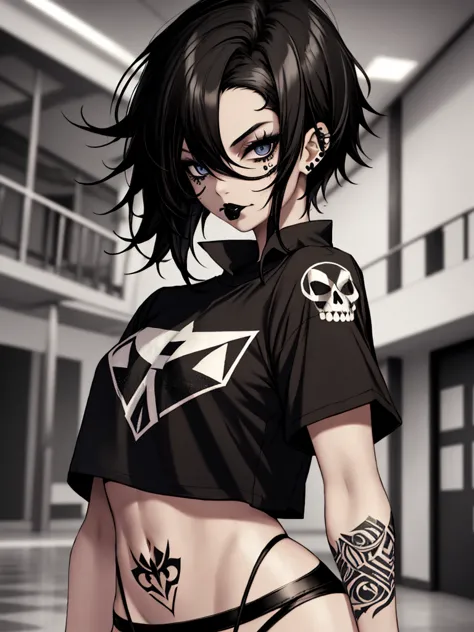 1girl, tomboy, black hair, side-swept pixie hair, cropped shirt, plain t-shirt:1.75、short sleeves, black thong, black lips, blac...