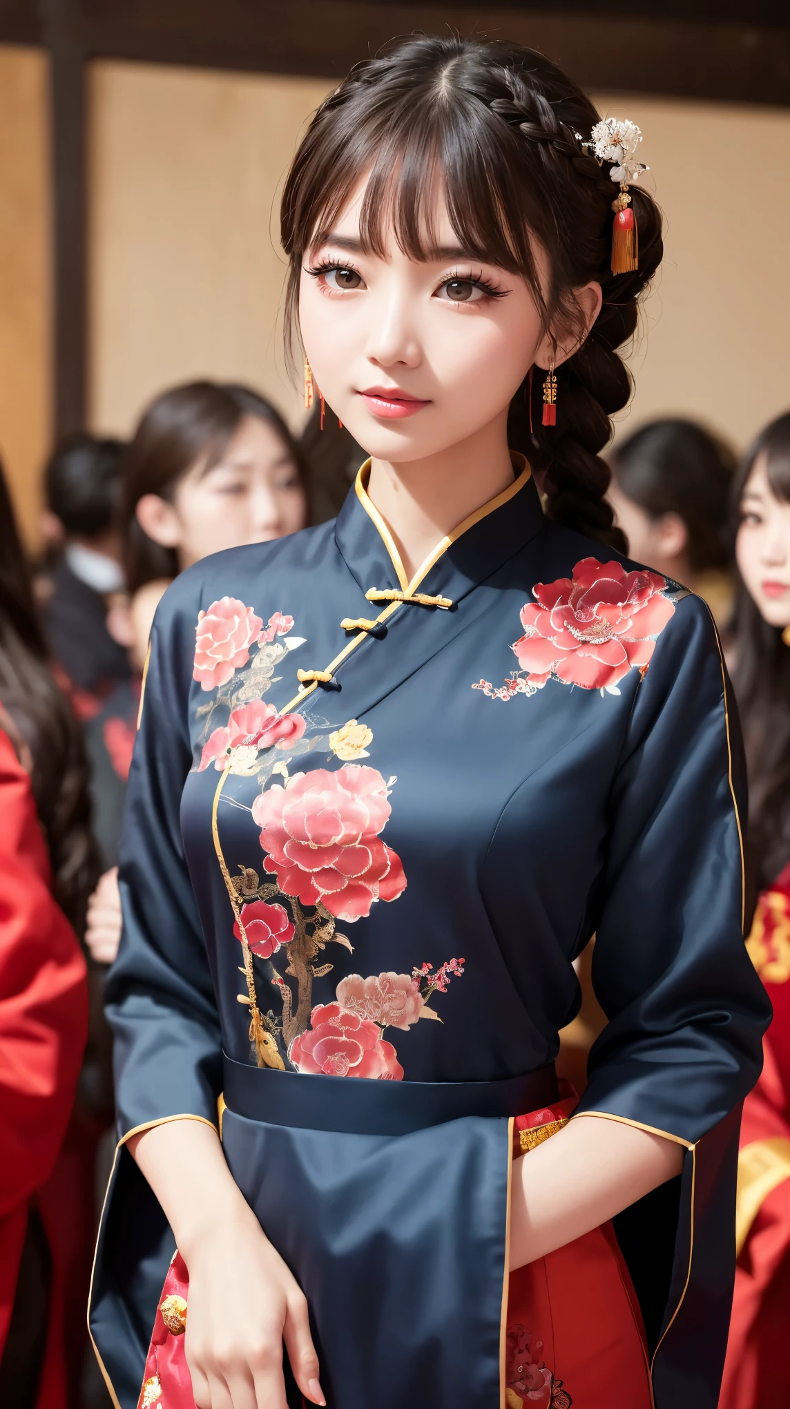 Realistic, masterpiece, Highest quality, Highest Resolution, Anatomically correct, Accurate Anatomy, 7 heads, Height: 165cm, One Japanese woman, profile, Staring at the audience, Smiling with an open mouth, Staring at the audience, Fine and beautiful eyes, Sparkling eyes, Thin eyebrows, Gives lashes a delicate finish, False eyelashes, (Chinese traditional makeup:1.2), (Dumpling＋Braided hair, Blunt bangs, Brown Hair:1.2), Detailed face, Sharp Eyes, (Traditional Chinese Dress, Clothes that fit snugly to the body, Random Color:1.3), Upper body photo, Background like ink painting