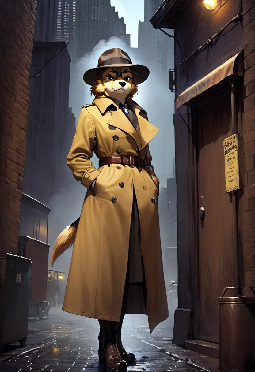 a anthropomorphic dog furry yellow detective buff,muscular wearing a detective outfit,brown trench-coat,scars,thick,30’s style. He’s androgynous, a sensual ,cool expression,full body.The scene has a cold,mysterious,Blacksad style and a vibrant tone.Diesel punk city setting in the background.