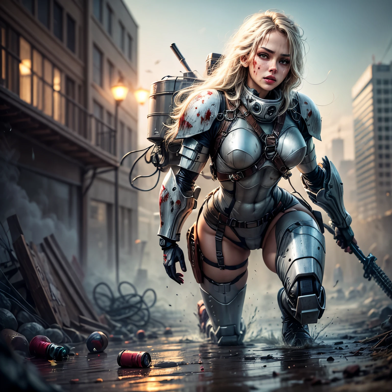 Postapocalyptic combat scene with a Beautiful hyperrealistic photograph of cute Young Swedish woman with Runic tattoos, ((dirty face Blood splattered)), (((wearing full heavy mecha armor, combat harness, Neon highlights))) Short Red Dreadlocks, combat pose, (((Holding on to the side of a combat Sci-Fi Combat helicopter))), exterior of Destroyed building, Fires, Smoke, debris, Camo netting, Ammo Boxes, Rain, Stormy, Wet, abstract beauty, near perfection, pure form, intricate detail, 8k post-production, High resolution, super Detail, trending on ArtStation, sharp focus, studio photos, intricate detail, Very detailed, By Greg Rutkowski