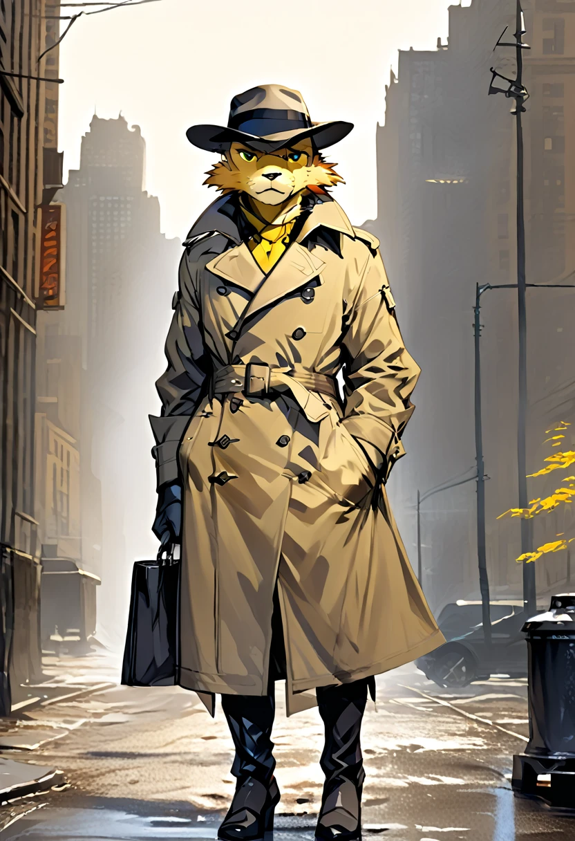 a anthropomorphic dog furry yellow detective buff,muscular wearing a detective outfit,brown trench-coat,scars,thick,30’s style. He’s androgynous, a sensual ,cool expression,full body.The scene has a cold,mysterious,Blacksad style and a vibrant tone.Diesel punk city setting in the background.