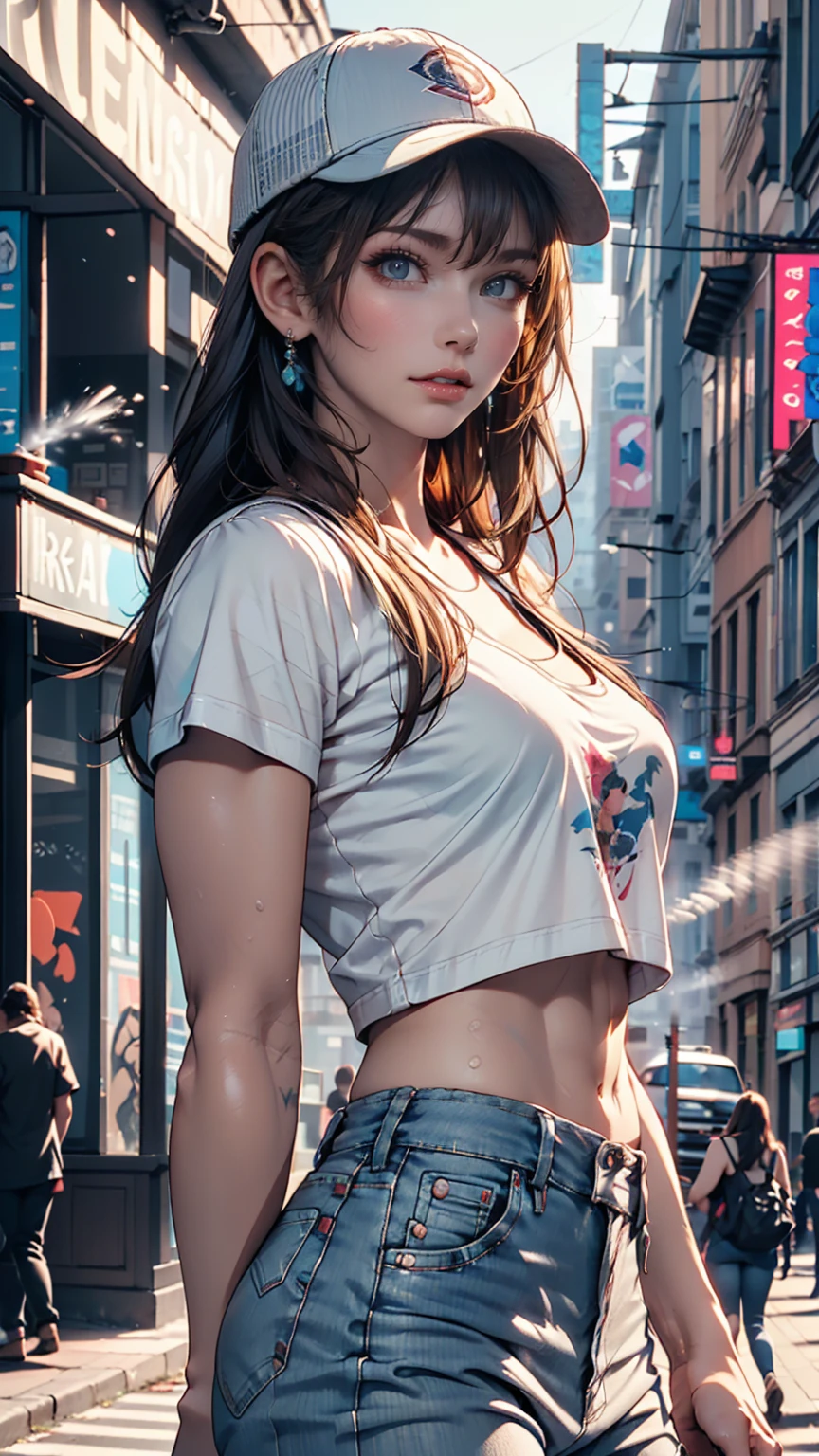 24-year-old woman、Attractive Young Woman, (Beautiful Face:1.1), Detailed eyes, Seductive lips, (eye make up:1.2), (Medium chest:1.0), (Toned body:1.2), Sexy proportions、Narrow waist、T-Shirts、Skinny jeans、Concrete walls in Downtown、Street Art、Wearing a cap backwards、Drawing art with spray paint