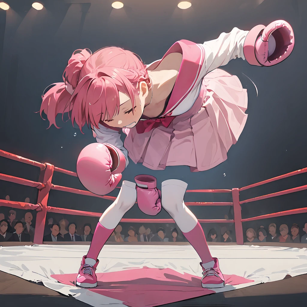 Nobody,(masterpiece, Highest quality:1.2), One person, alone、(((Pink boxing gloves:1.8)))、Boxing Gym、Boxing Ring、Pink tank top、Pink pants、Pink boots、Dynamic effect lines、Many sweat drops flying and scattering、Audience cheering