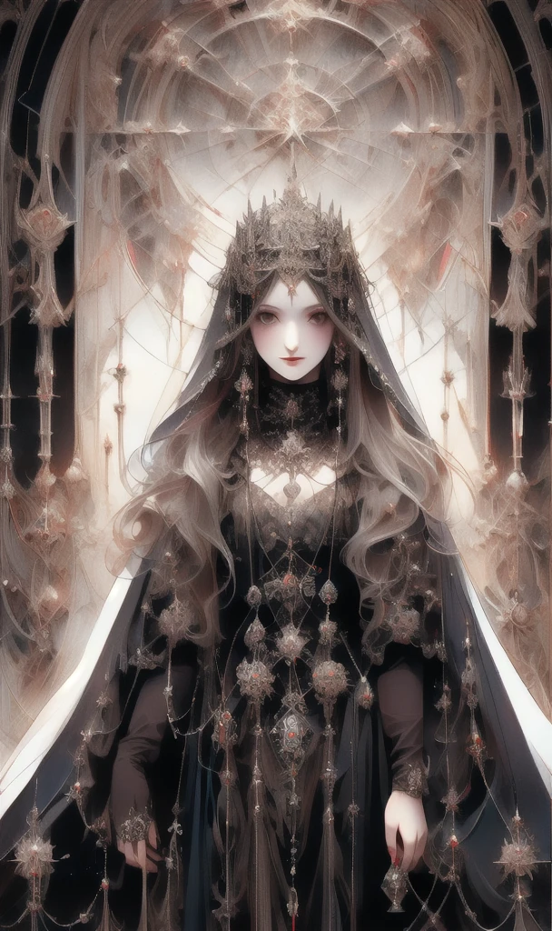 goddess, Gothic Futurism style, Highly detailed illustration, UHD Images, Gorgeous costume details, Black and purple、dark、beautiful、Virgin Solo, High resolution, Long Hair, smile, masterpiece, Anatomically correct, Winner of numerous awards, Highest quality, 