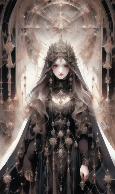 goddess, gothic futurism style, highly detailed illustration, uhd images, gorgeous costume details, black and purple、dark、beauti...