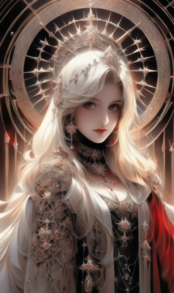 goddess, Gothic Futurism style, Highly detailed illustration, UHD Images, Gorgeous costume details, Black and purple、dark、beautiful、Virgin Solo, High resolution, Long Hair, smile, masterpiece, Anatomically correct, Winner of numerous awards, Highest quality, 