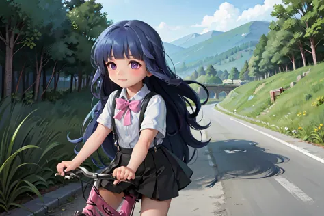 1girl, alone, blue hair, purple eyes, long hair, blunt bangs, bangs, white shirt, pink ribbon, suspenders, black skirt, riding a...