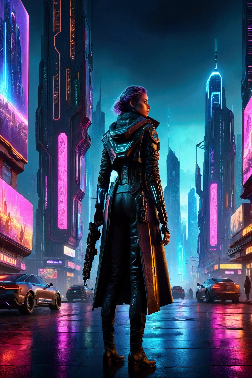 a lone gunman in a futuristic cyberpunk city, detailed cinematic lighting, dramatic atmosphere, dark sinister cityscape, neon glowing lights, high tech skyscrapers, moody colors, cinematic composition, hyper-realistic, ultra-detailed, 8k, photorealistic, award winning artwork, masterpiece, woman on billboards